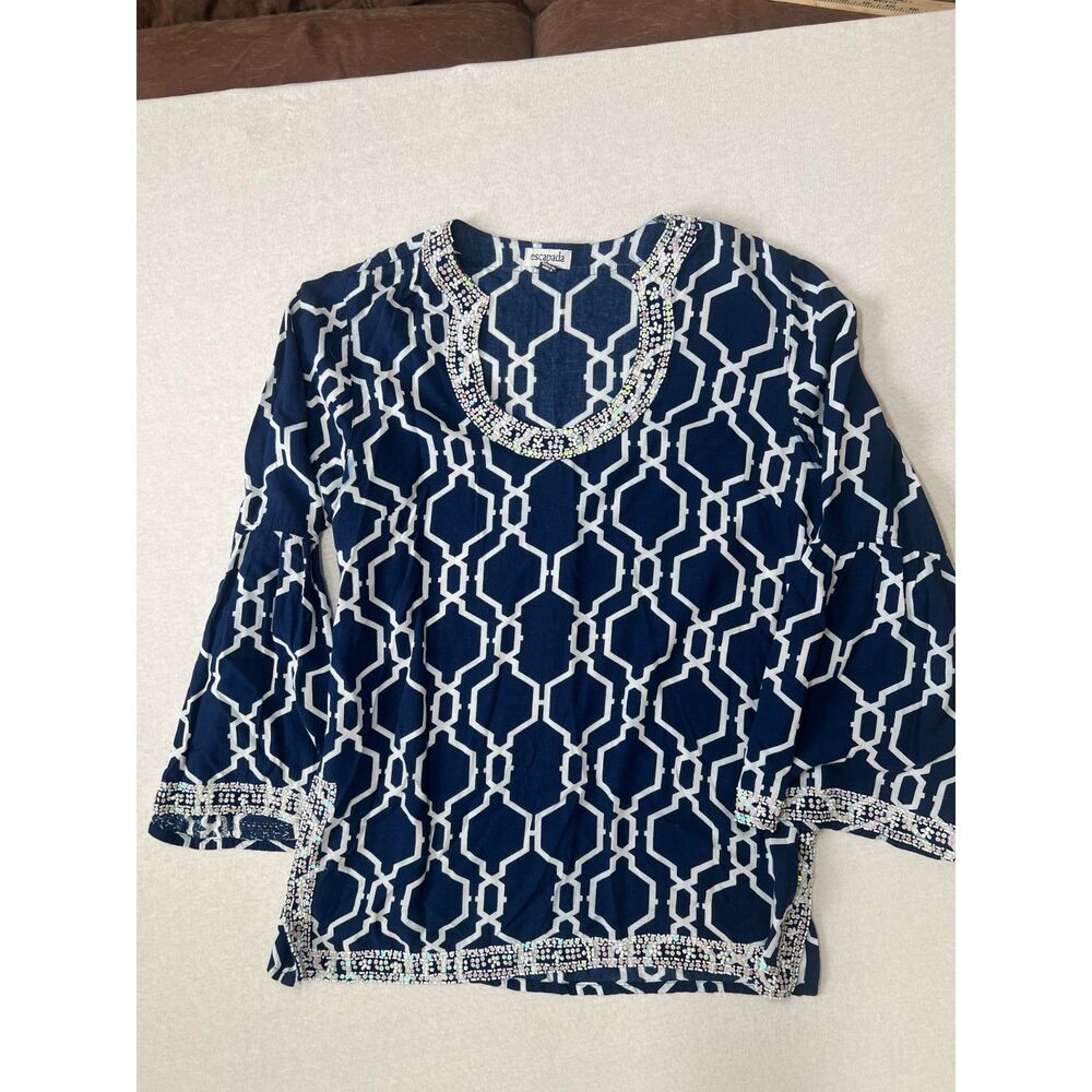 Escapada blue and white tunic, beaded neckline, size medium